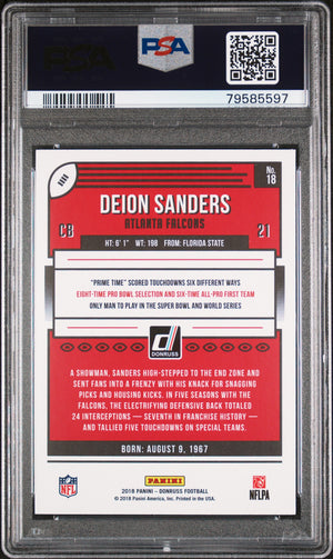 Deion Sanders 2018 Panini Donruss Football Card #18 Graded PSA 10-Powers Sports Memorabilia
