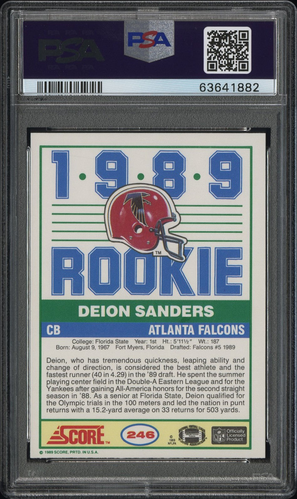 Deion Sanders 1989 Score Football Rookie Card #246 Graded PSA 8-Powers Sports Memorabilia