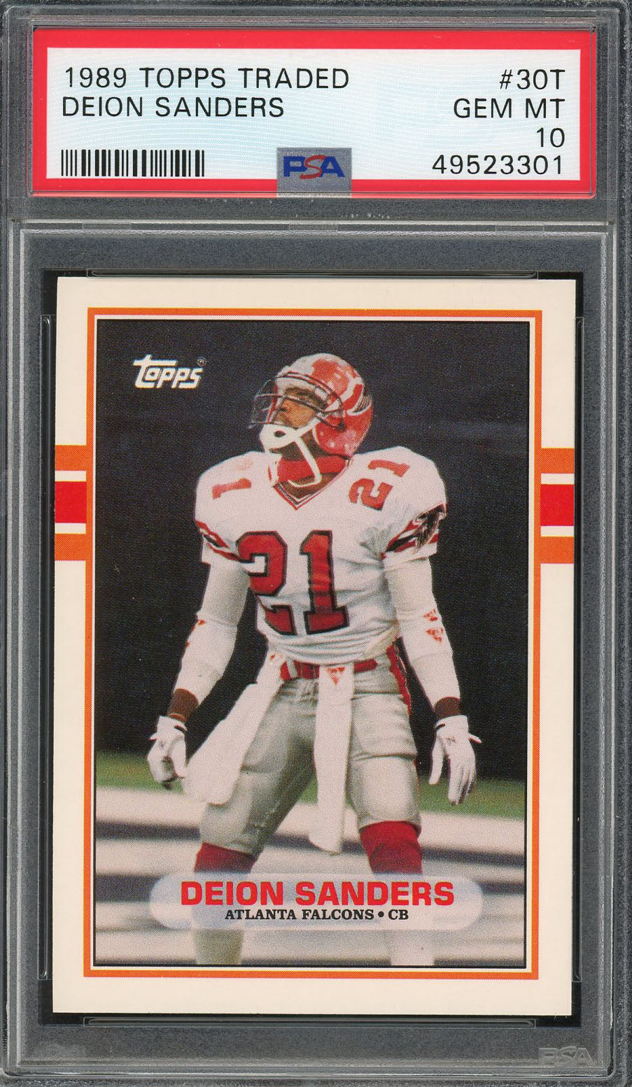 Deion Sanders 1989 Topps Traded Football Rookie Card RC #30T Graded PSA 10 GEM MINT-Powers Sports Memorabilia