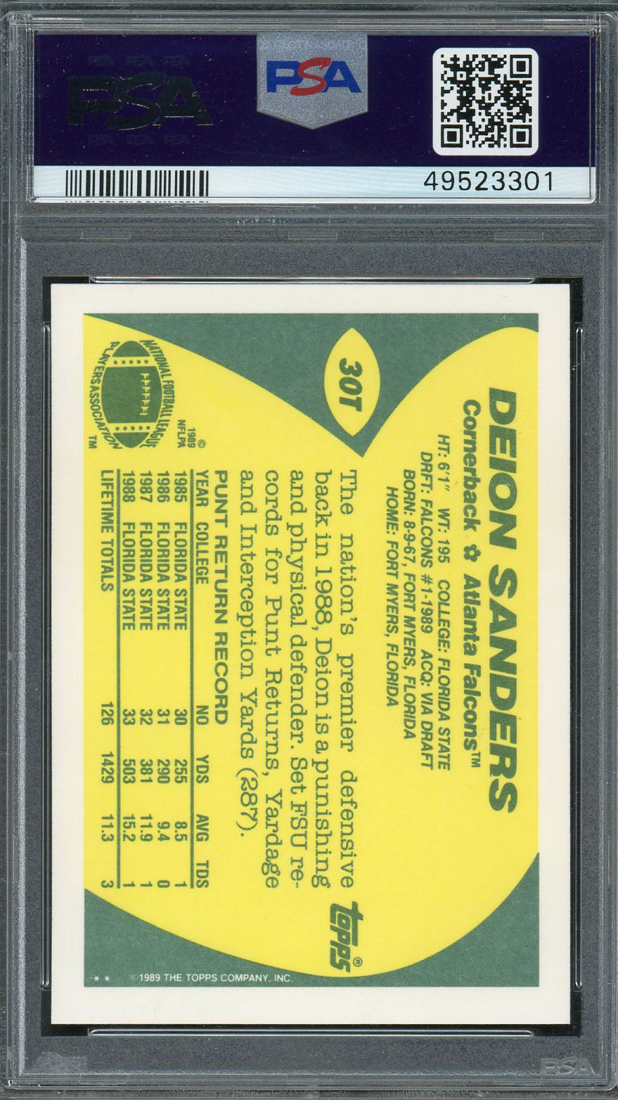 Deion Sanders 1989 Topps Traded Football Rookie Card RC #30T Graded PSA 10 GEM MINT-Powers Sports Memorabilia