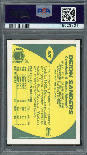 Deion Sanders 1989 Topps Traded Football Rookie Card RC #30T Graded PSA 10 GEM MINT-Powers Sports Memorabilia
