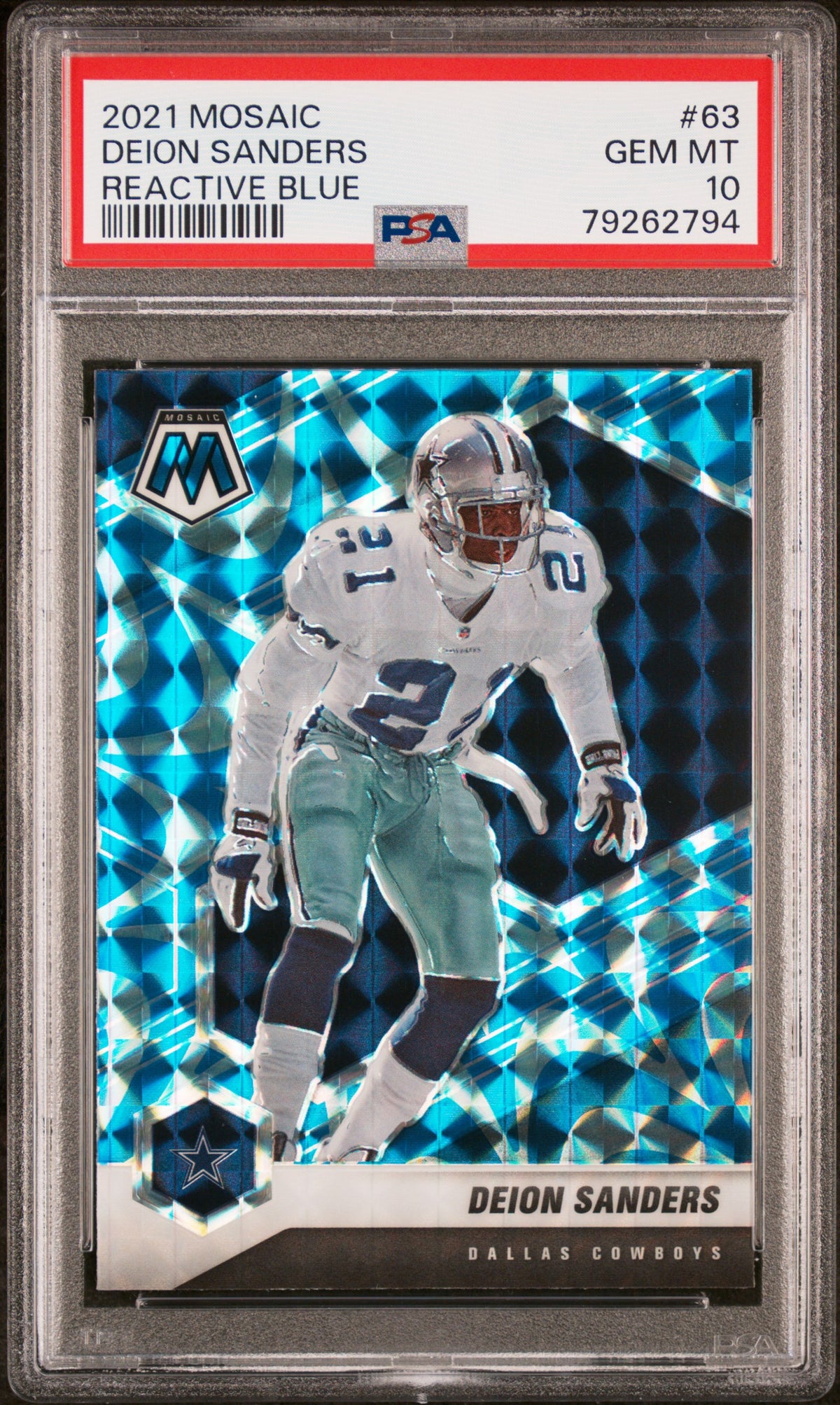 Deion Sanders 2021 Panini Mosaic Reactive Blue Football Card #63 PSA 10-Powers Sports Memorabilia