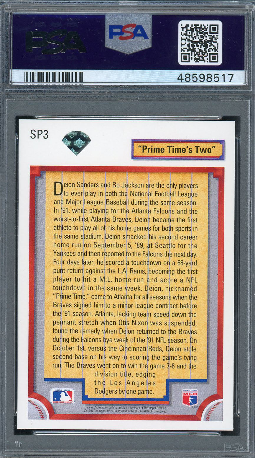Deion Sanders Braves Falcons 1992 Upper Deck Prime Times Two Baseball Card #SP3 Graded PSA 8-Powers Sports Memorabilia