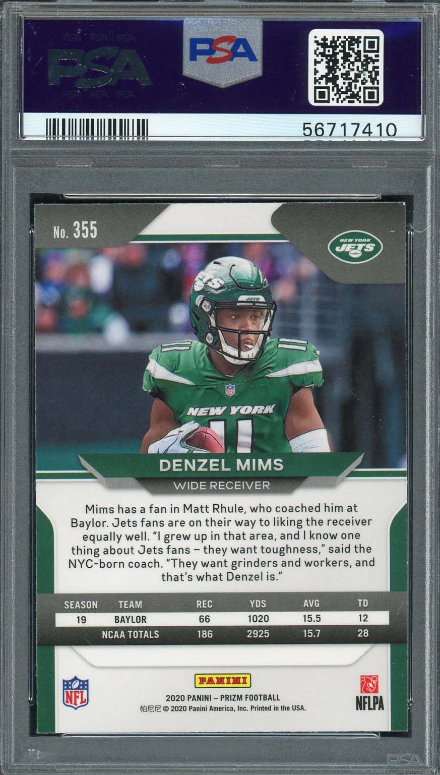Denzel Mims 2020 Panini Prizm Football Rookie Card RC #355 Graded PSA 10-Powers Sports Memorabilia