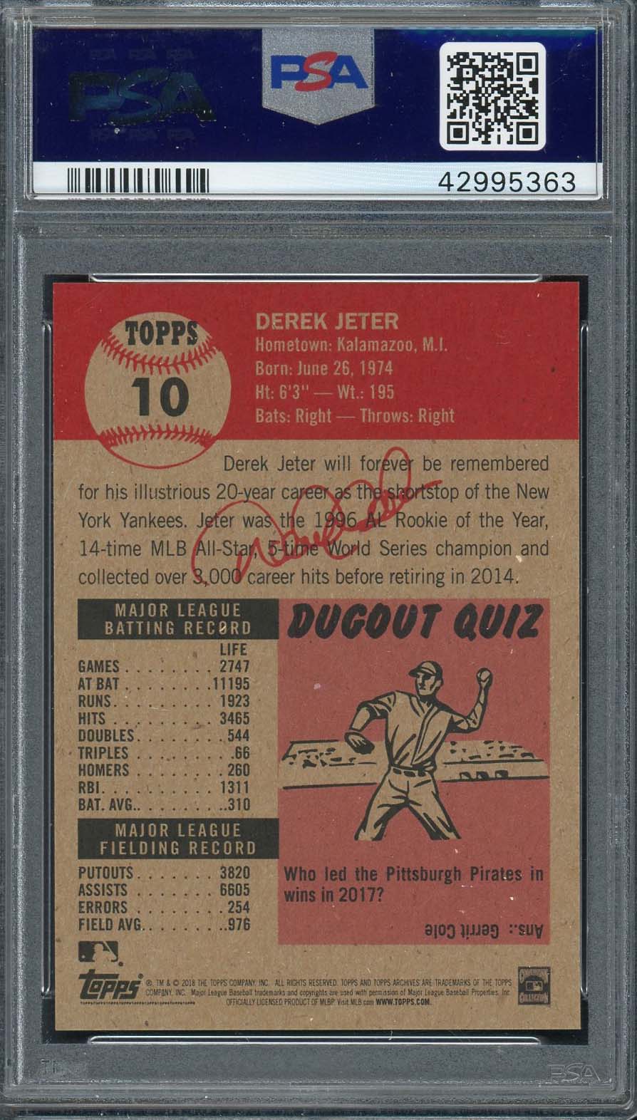 Derek Jeter 2018 Topps Living Baseball Card #10 Graded PSA 10 GEM MINT-Powers Sports Memorabilia