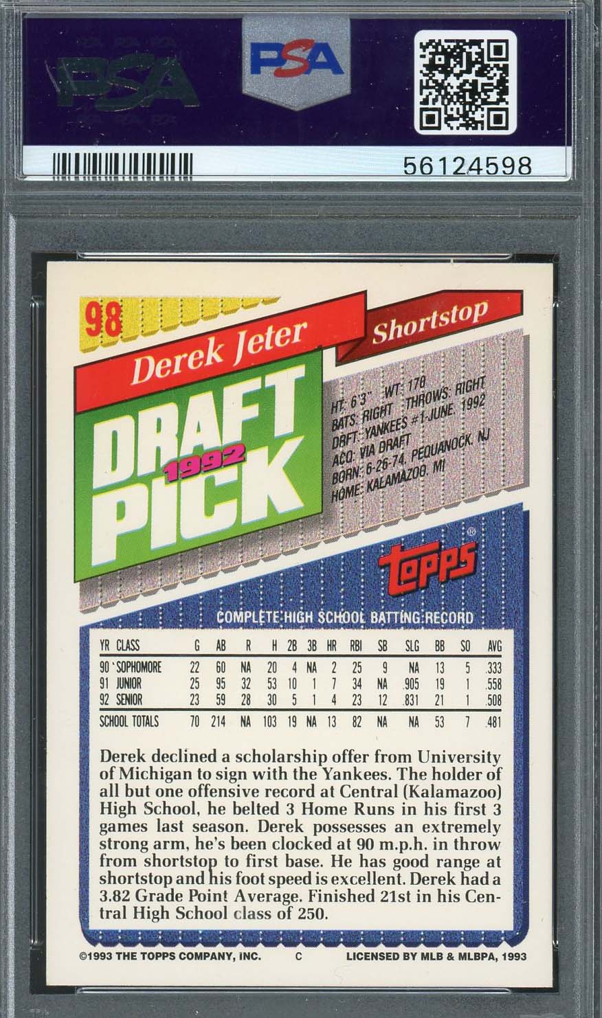 Derek Jeter 1993 Topps Gold Baseball Rookie Card RC #98 Graded PSA 8-Powers Sports Memorabilia