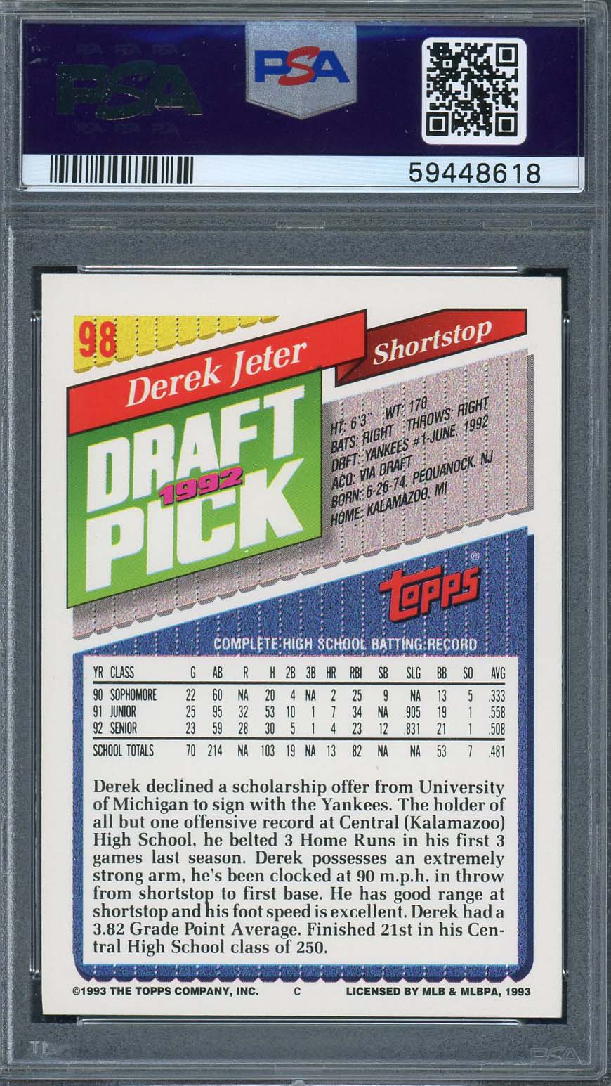 Derek Jeter 1993 Topps Baseball Rookie Card RC #98 Graded PSA 8-Powers Sports Memorabilia