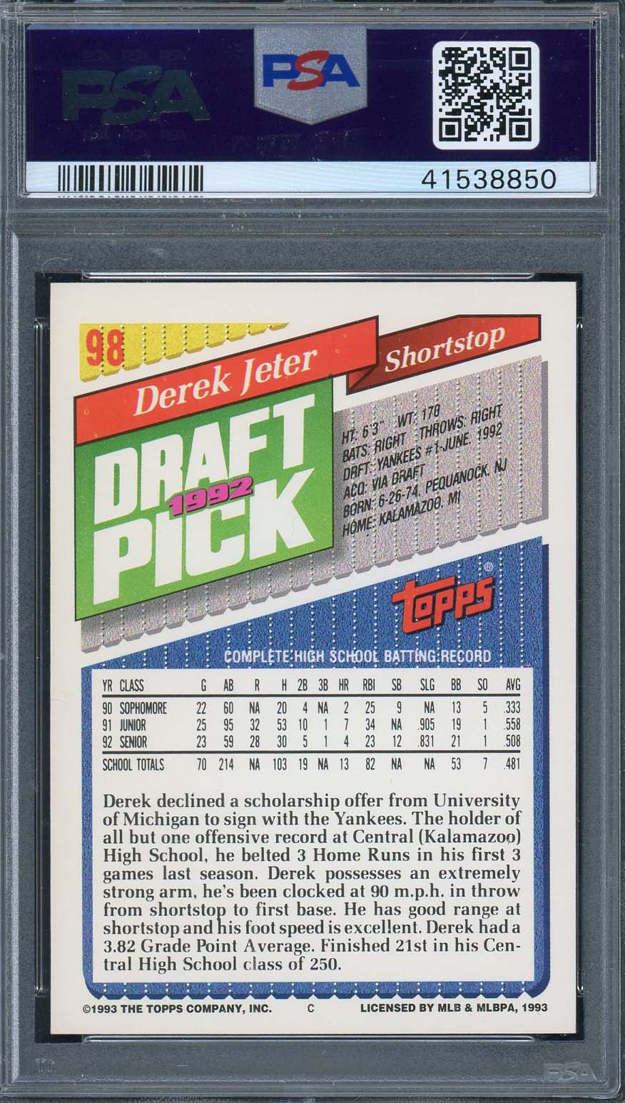 Derek Jeter 1993 Topps Baseball Rookie Card RC #98 Graded PSA 9-Powers Sports Memorabilia
