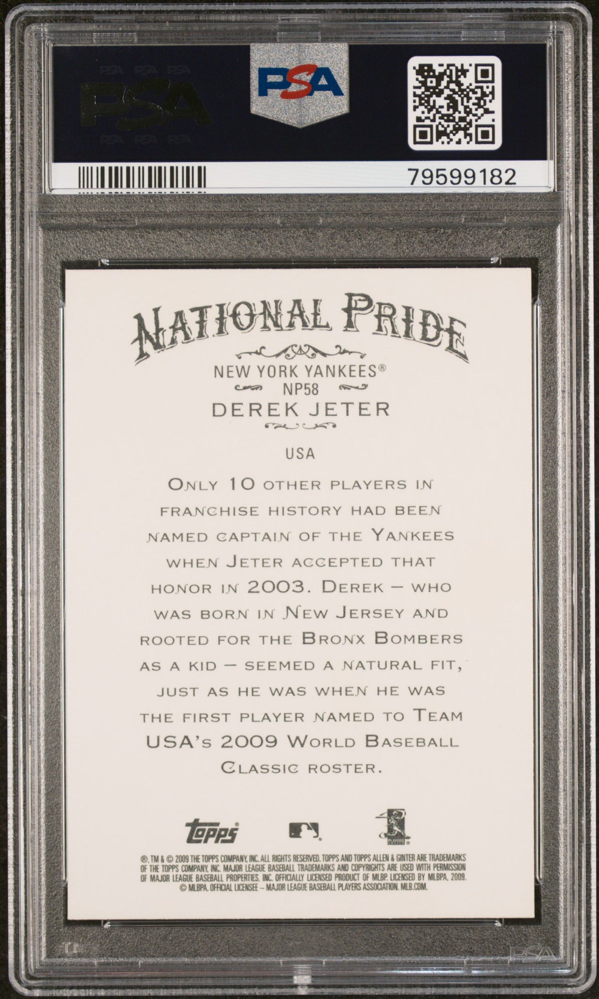 Derek Jeter 2009 Topps Allen &amp; Ginter National Pride Card #NP58 Graded PSA 10-Powers Sports Memorabilia