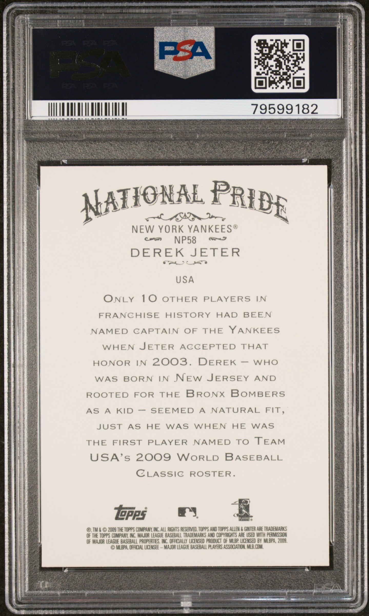 Derek Jeter 2009 Topps Allen & Ginter National Pride Card #NP58 Graded PSA 10-Powers Sports Memorabilia