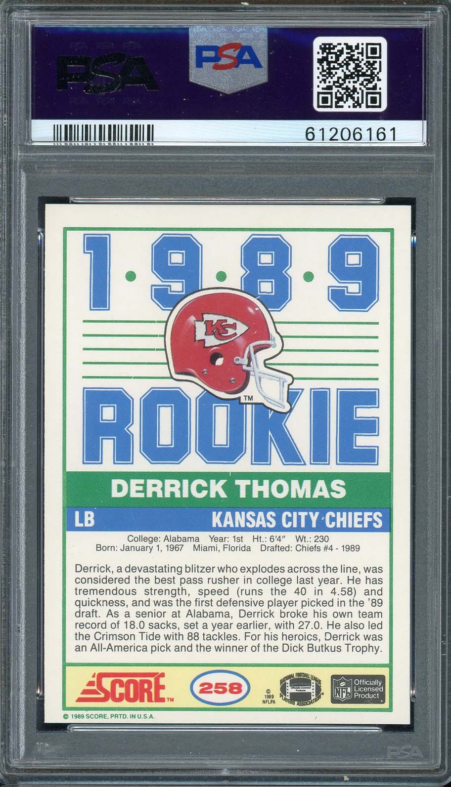 Derrick Thomas 1989 Score Football Rookie Card RC #258 Graded PSA 8-Powers Sports Memorabilia