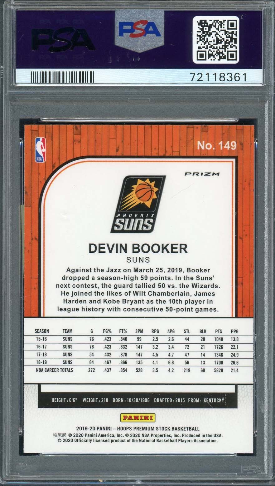 Devin Booker 2019 Panini Hoops Premium Stock Silver Prizm Card 149 Graded PSA 10-Powers Sports Memorabilia
