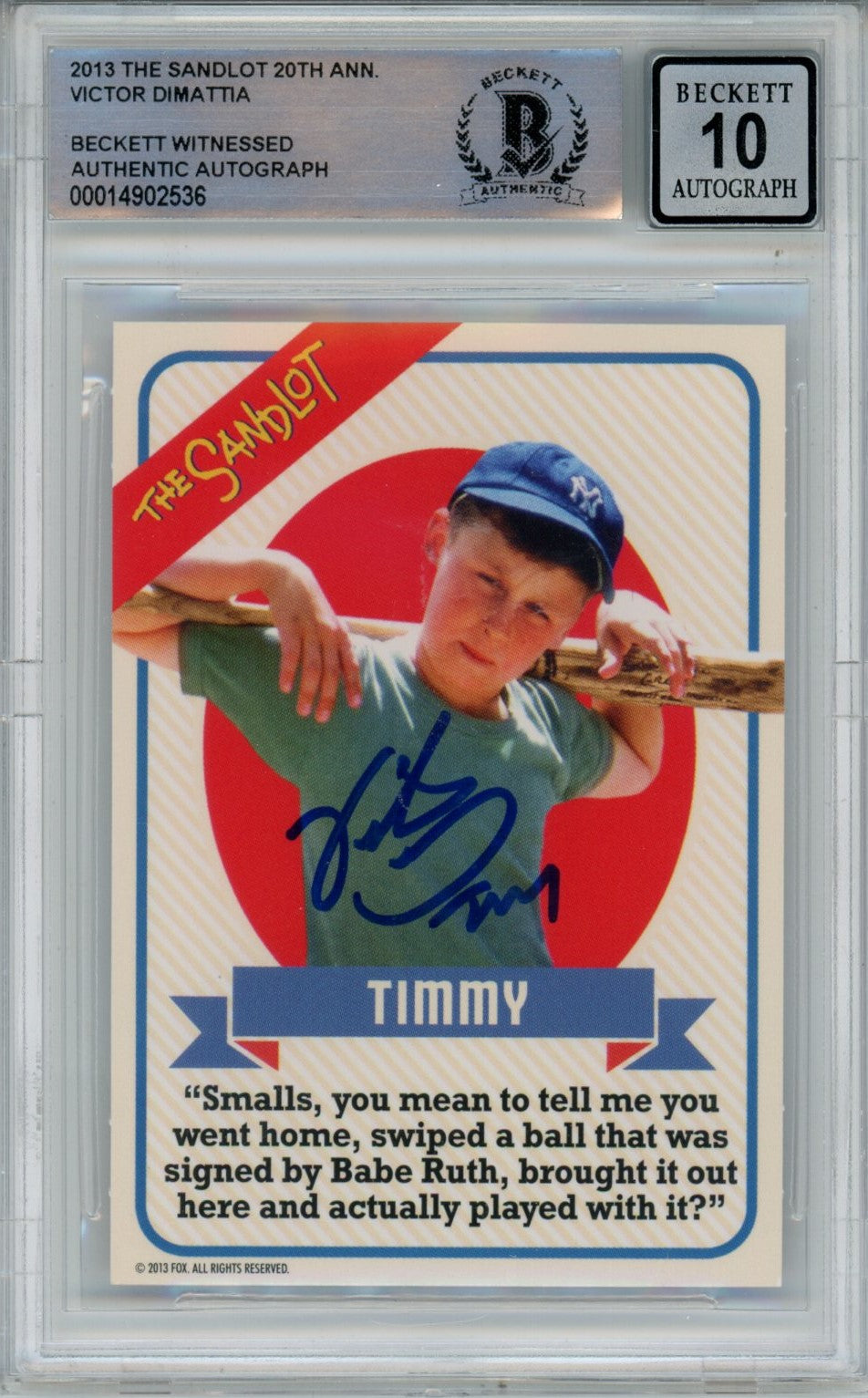 Victor DiMattia Signed The Sandlot 20 Anniv. Beckett Auto 10 Beckett-Powers Sports Memorabilia