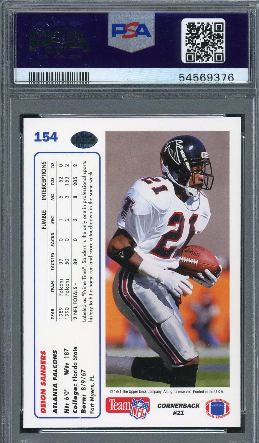 Deion Sanders 1991 Upper Deck Football Card #154 Graded PSA 10-Powers Sports Memorabilia