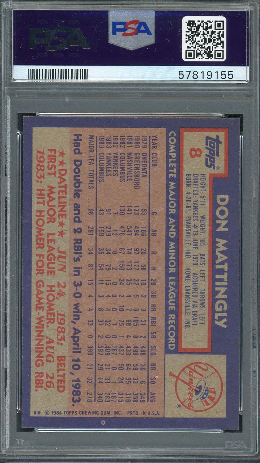 Don Mattingly 1984 Topps Baseball Rookie Card RC #8 Graded PSA 7-Powers Sports Memorabilia