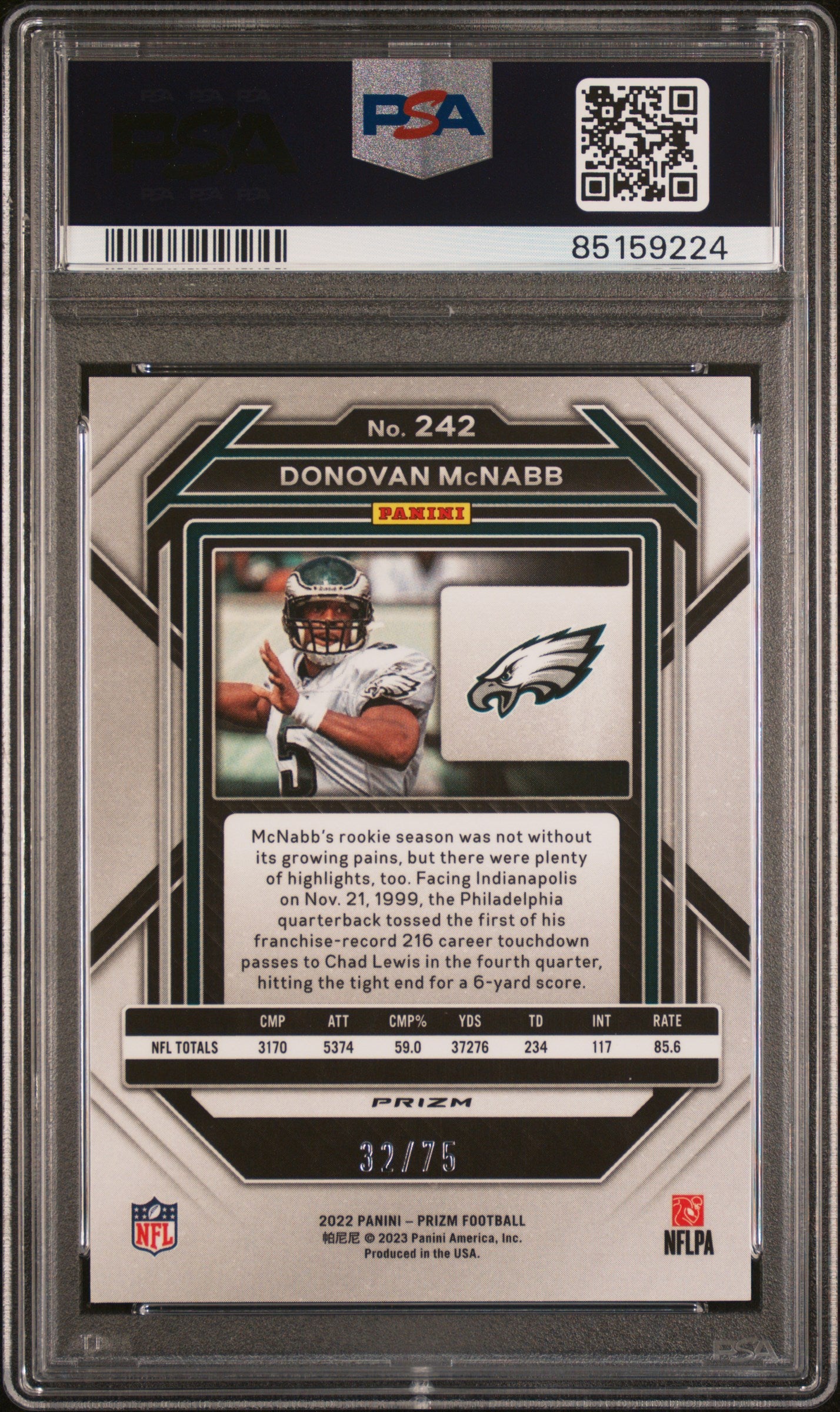 Donovan McNabb 2022 Panini Prizm Green Scope Card #242 Auto Graded PSA 10 32/75-Powers Sports Memorabilia