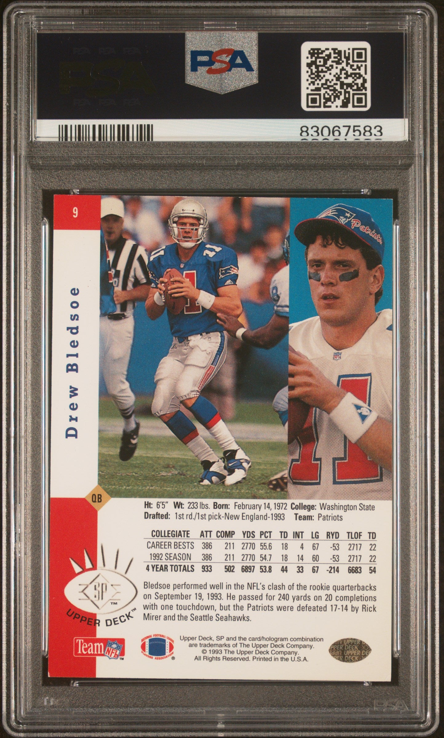 Drew Bledsoe 1993 Upper Deck SP Foil Signed Rookie Card #9 Auto PSA 10 83067583-Powers Sports Memorabilia
