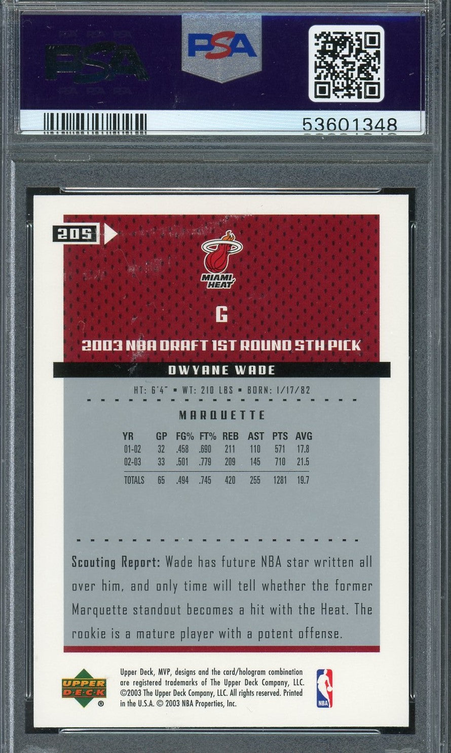 Dwyane Wade 2003 Upper Deck MVP Rookie Card #205 Graded PSA 9-Powers Sports Memorabilia