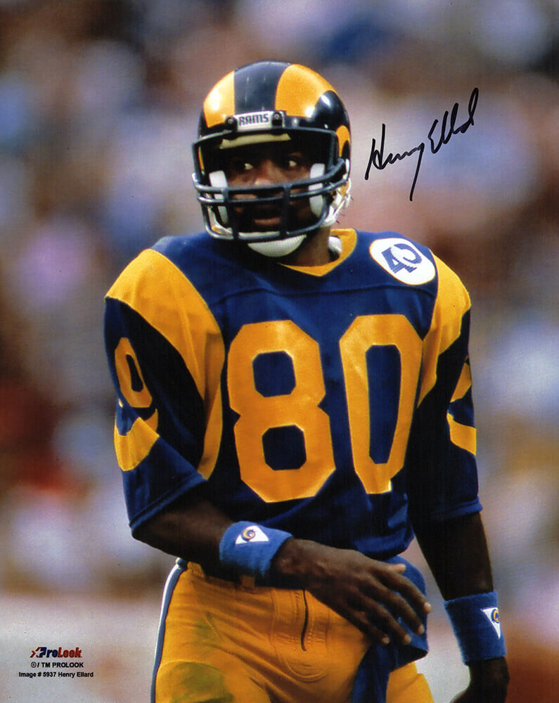 Henry Ellard Autographed Los Angeles Rams Blue Jersey Close Up 8x10 Photo-Powers Sports Memorabilia