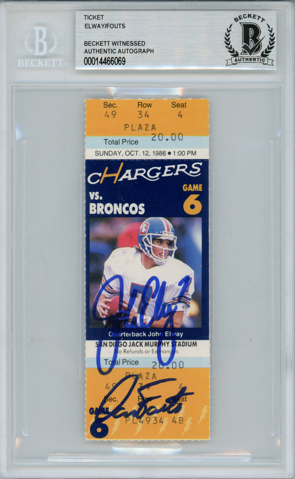 John Elway & Dan Fouts Denver Broncos Signed Card - 10/12/1986 Ticket Stub Beckett Slab Beckett-Powers Sports Memorabilia