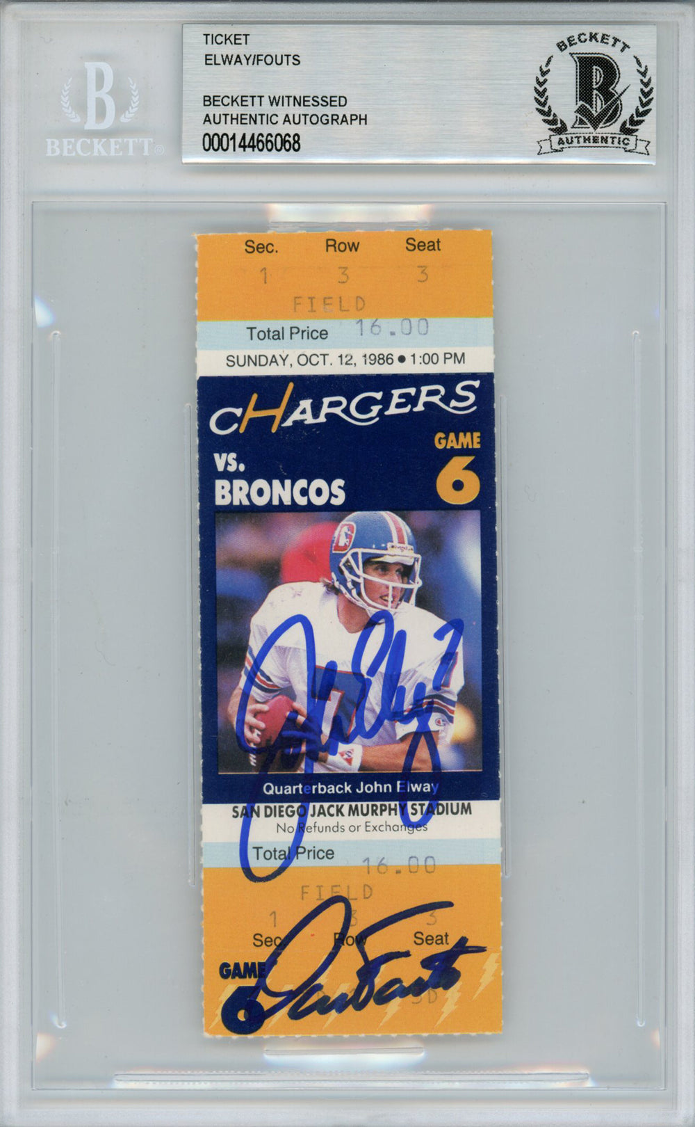 John Elway & Dan Fouts Denver Broncos Signed Card - 10/12/1986 Ticket Stub Beckett Slab Beckett - 38625-Powers Sports Memorabilia