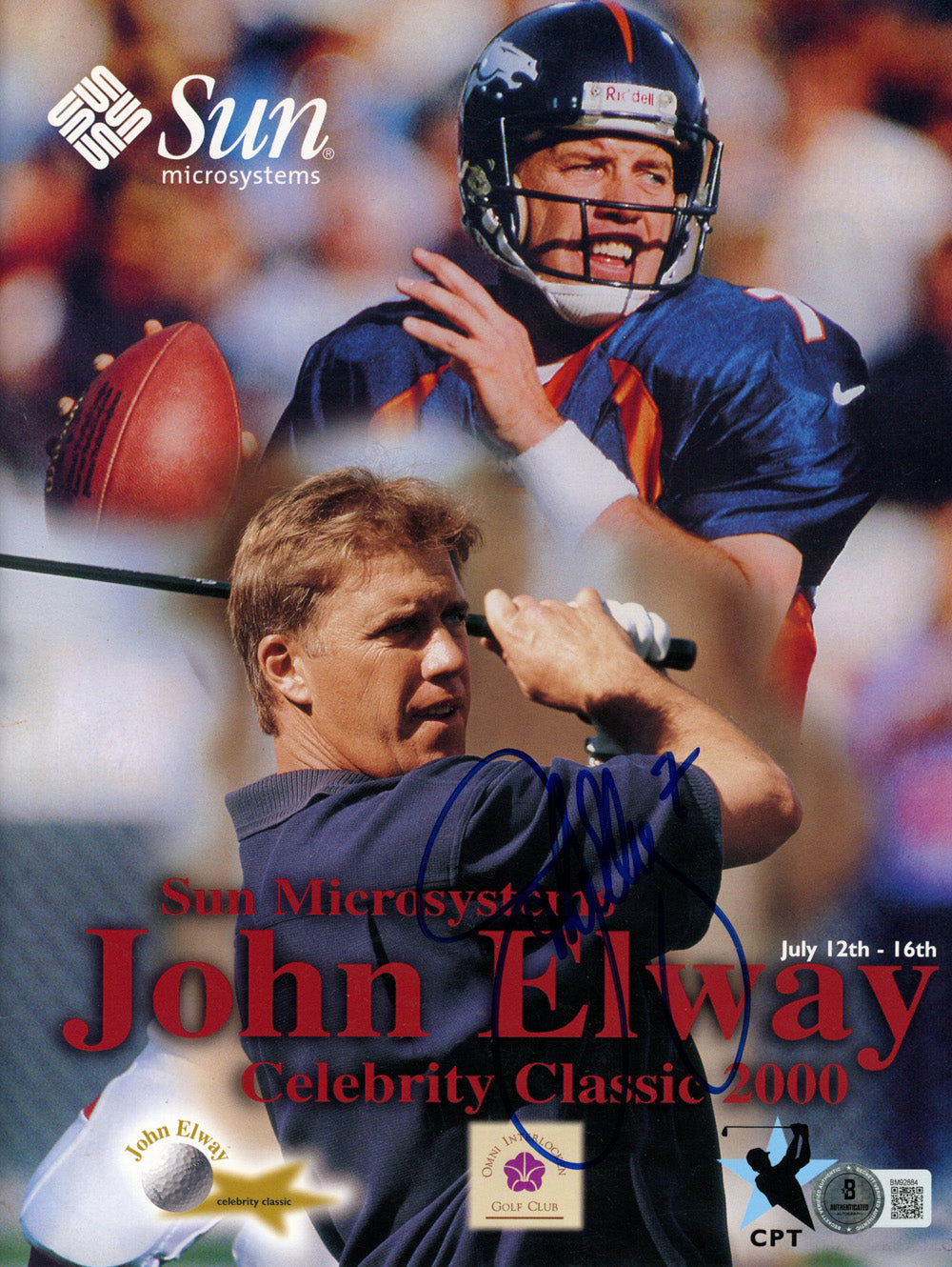 John Elway Denver Broncos Signed Mini Helmet - 7/12/00 Celebrity Classic Golf Program Beckett Beckett-Powers Sports Memorabilia