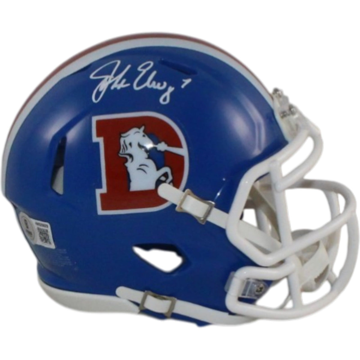 John Elway Signed Denver Broncos TB Mini Helmet – Beckett Witness Authenticated-Powers Sports Memorabilia