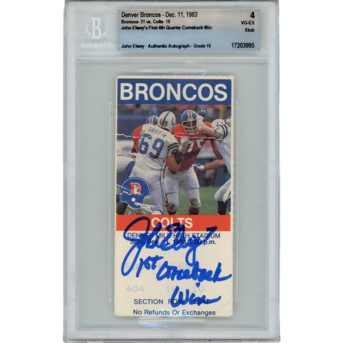 John Elway Denver Broncos Signed Card - 1st Comeback Win Ticket Stub Beckett Beckett-Powers Sports Memorabilia