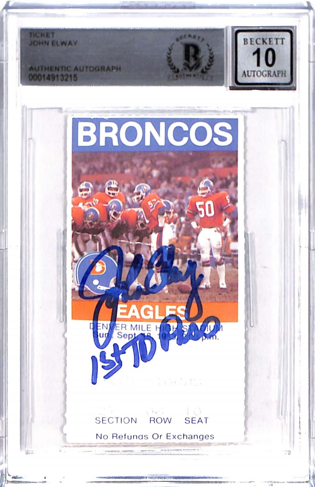 John Elway Denver Broncos Signed Card - Ticket Slab "1st TD" Beckett-Powers Sports Memorabilia