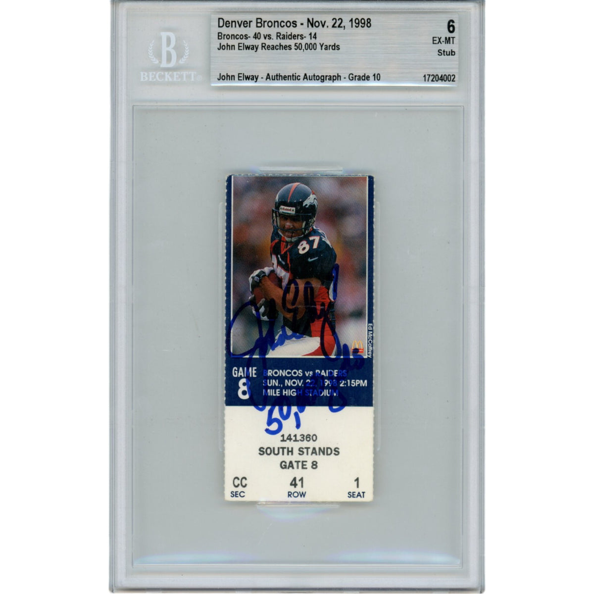 John Elway Denver Broncos Signed Card - 11/22/98 Ticket Stub 50000 Yds Beckett-Powers Sports Memorabilia