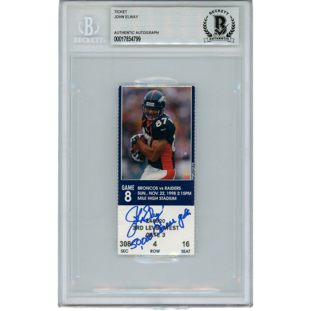 John Elway Denver Broncos Signed Card - 50000 Career Yds Ticket Stub Beckett Beckett-Powers Sports Memorabilia