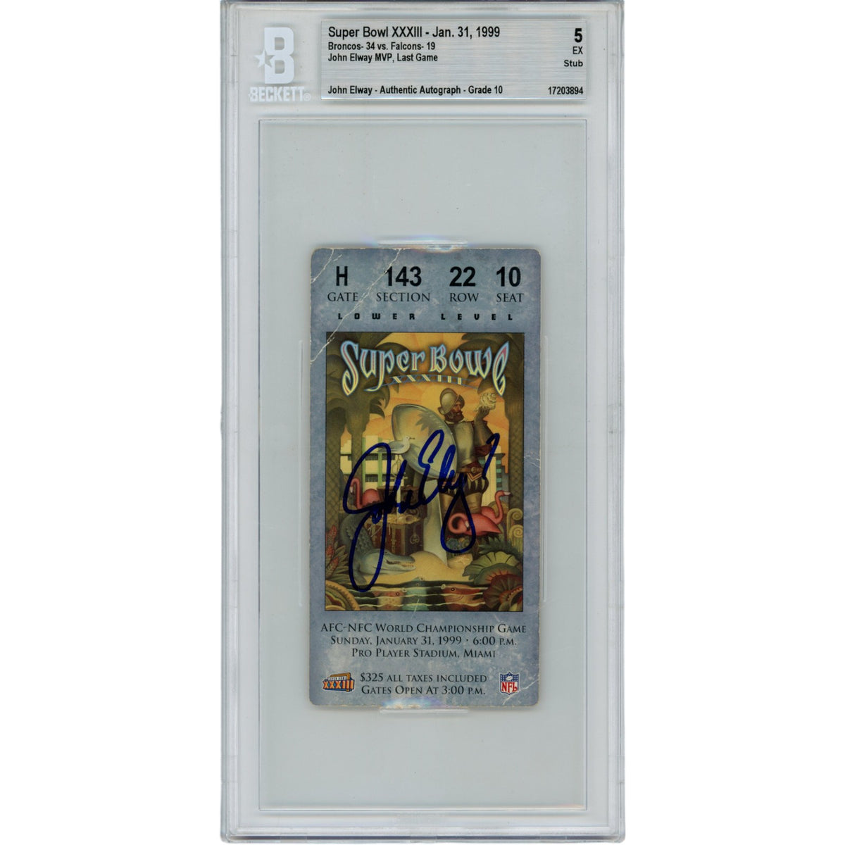 John Elway Denver Broncos Signed Card - Super Bowl 33 Ticket Stub Beckett Beckett-Powers Sports Memorabilia