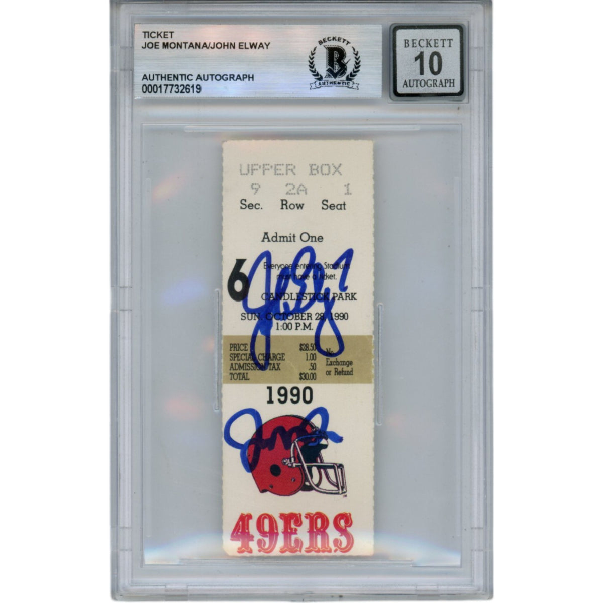 Joe Montana John Elway San Francisco 49ers 10/29/90 Ticket Slab Beckett 499 Signed Card Beckett