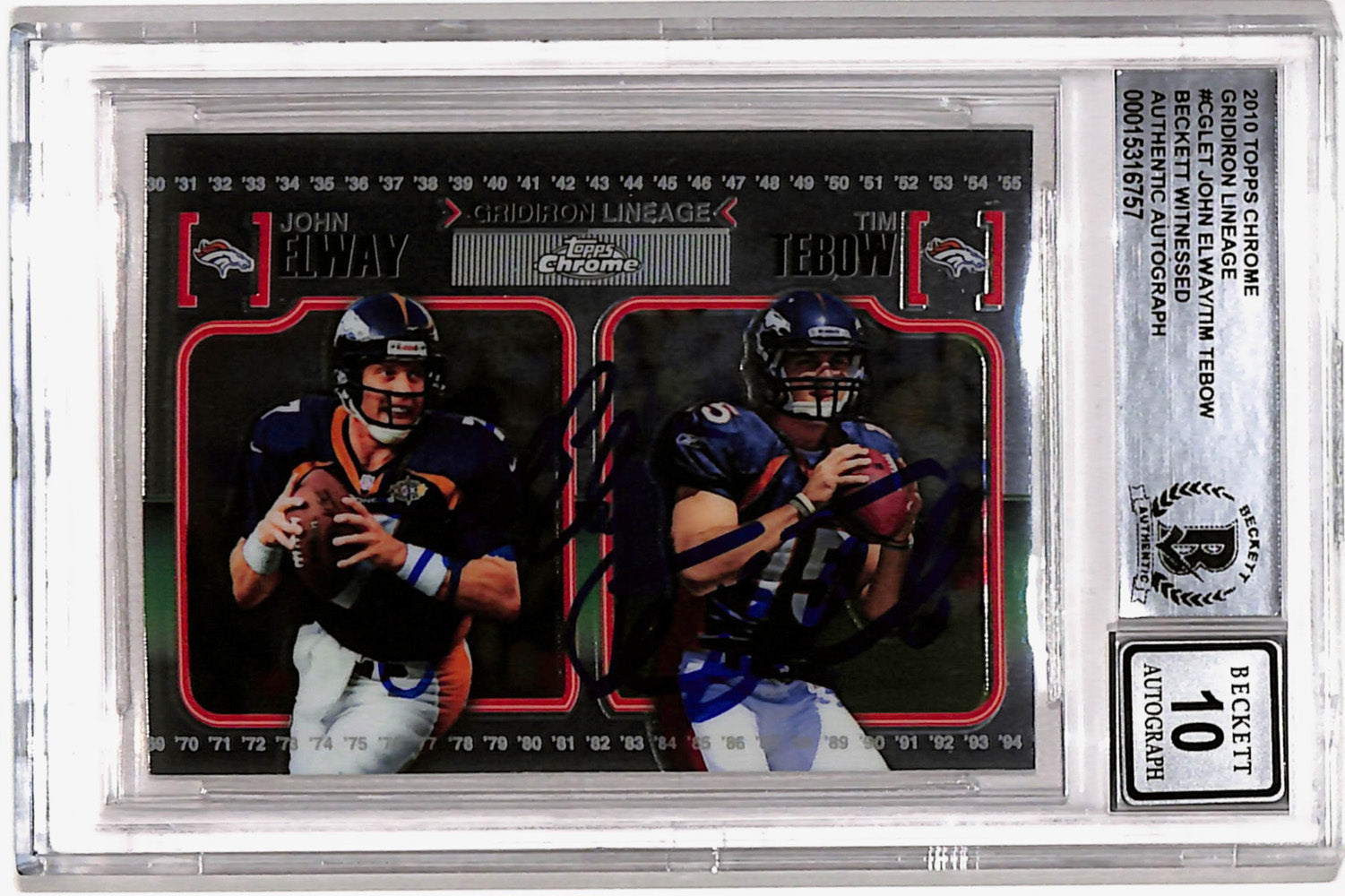 John Elway & Tim Tebow 2010 Chrome Gridiron Trading Signed Card-Powers Sports Memorabilia