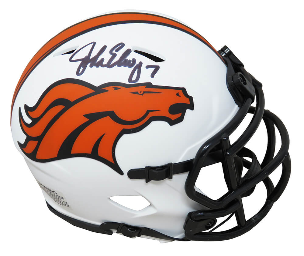John Elway Autographed Denver Broncos Lunar Eclipse White Matte Riddell Speed Mini Helmet-Powers Sports Memorabilia