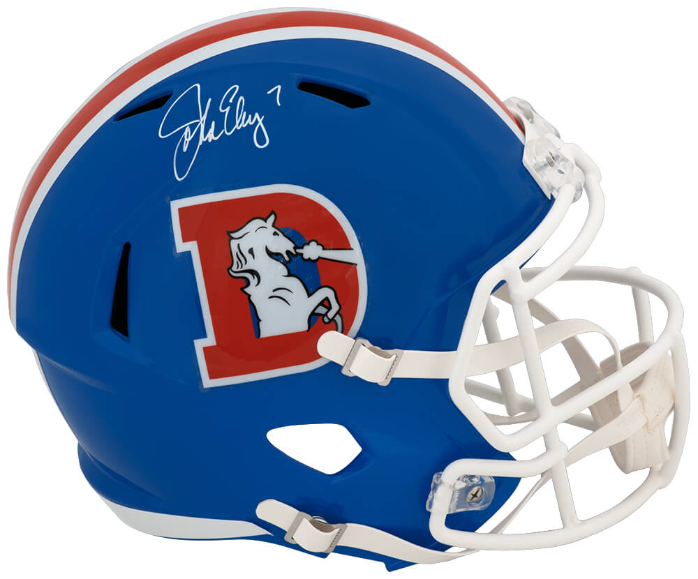 John Elway Autographed Denver Broncos T/B D Logo Riddell Full Size Speed Replica Helmet-Powers Sports Memorabilia