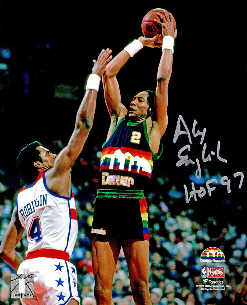Alex English Autographed Denver Nuggets Action 8x10 Photo with HOF'97-Powers Sports Memorabilia