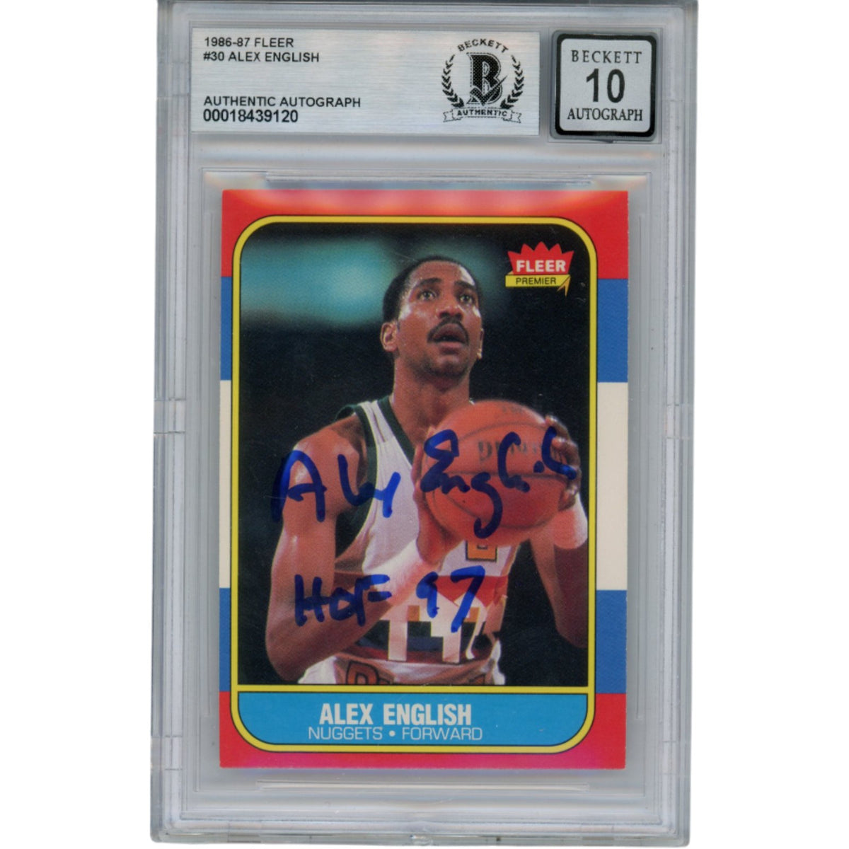 Alex English Denver Nuggets Signed Card - 1986 Fleer #30 HOF 10 Slab Beckett Beckett-Powers Sports Memorabilia
