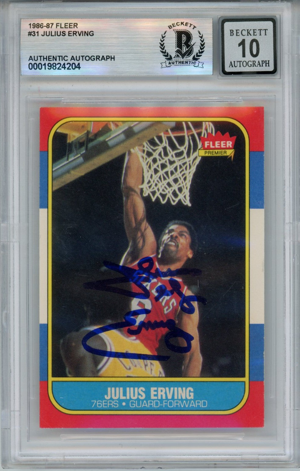 Julius Erving Philadelphia 76ers Signed Card - 1986 Fleer #35 10 auto Slab Beckett Beckett-Powers Sports Memorabilia