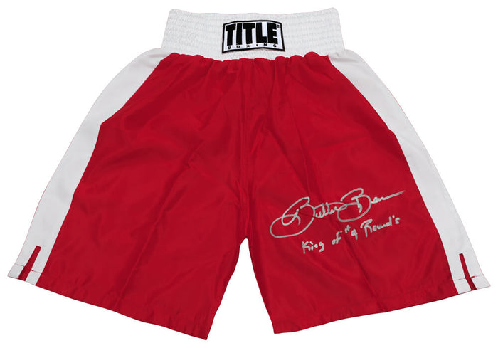 Eric Esch Autographed Title Red & White Trim Boxing Trunks-Powers Sports Memorabilia