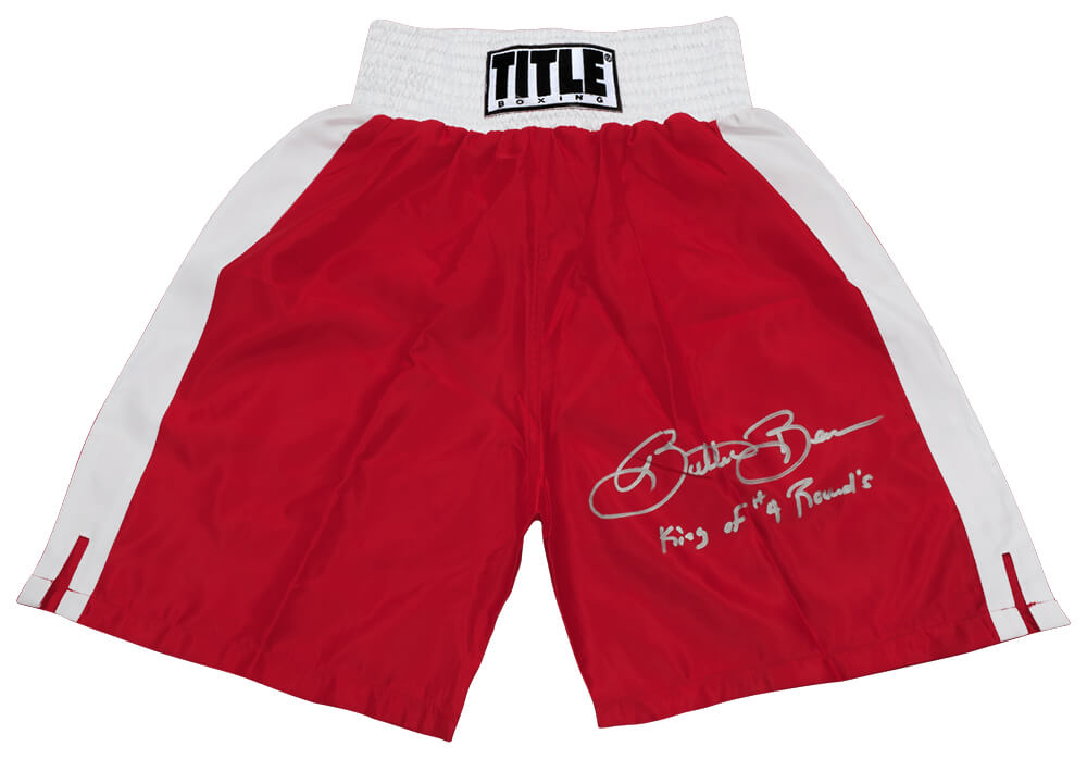 Eric Esch Autographed Title Red & White Trim Boxing Trunks-Powers Sports Memorabilia