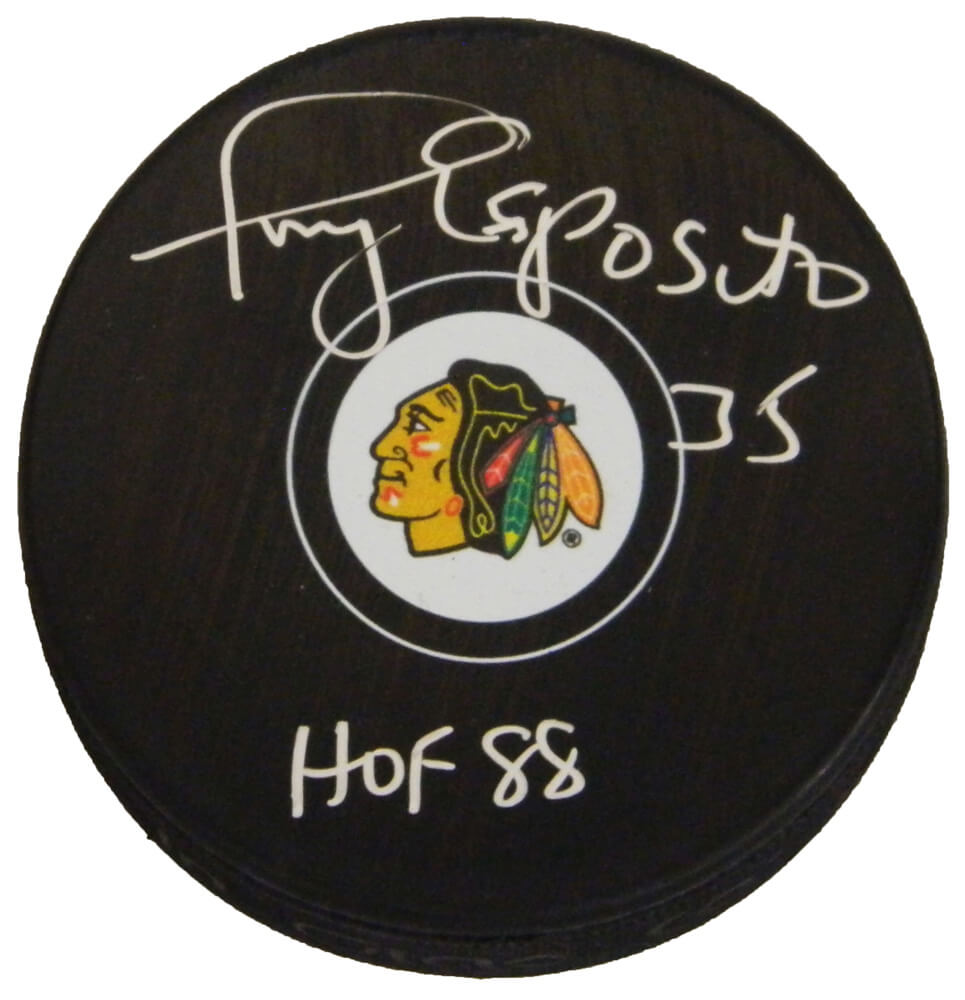 Tony Esposito Chicago Blackhawks Autographed Logo Hockey Puck w/ HOF 88-Powers Sports Memorabilia