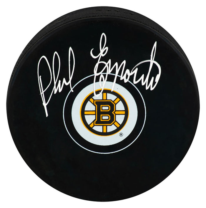 Phil Esposito Autographed Boston Bruins Team Logo Hockey Puck-Powers Sports Memorabilia