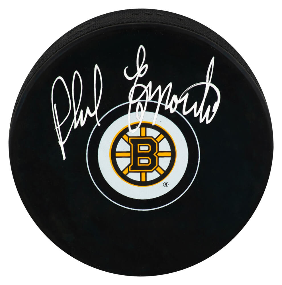 Phil Esposito Autographed Boston Bruins Team Logo Hockey Puck-Powers Sports Memorabilia
