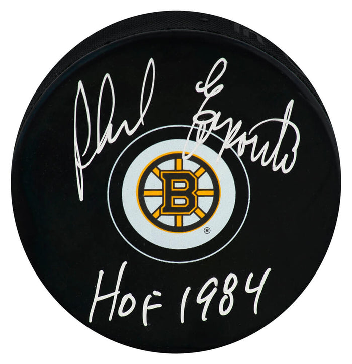 Phil Esposito Autographed Boston Bruins Team Logo Hockey Puck with HOF 1984-Powers Sports Memorabilia
