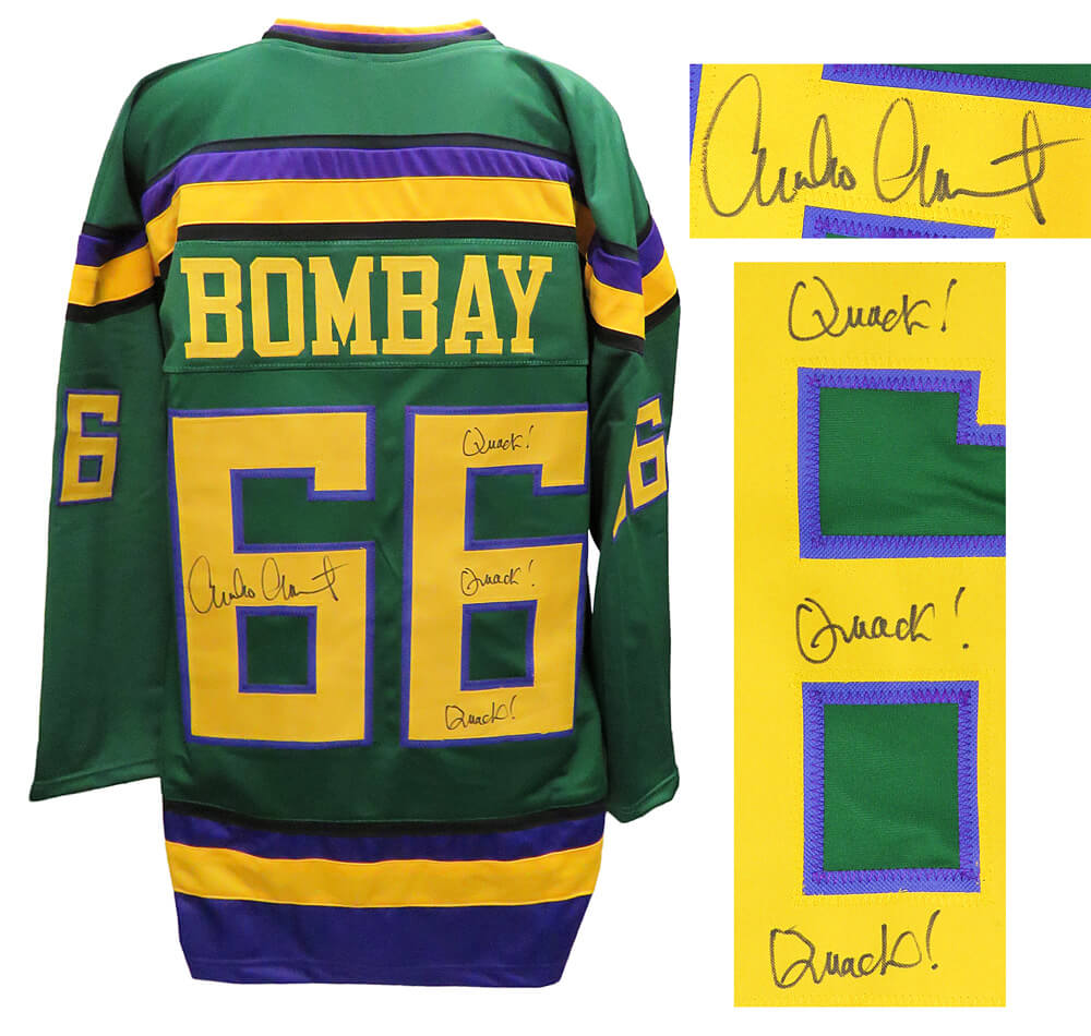 Emilio Estevez Autographed Green Custom Hockey Jersey with Quack, Quack, Quack-Powers Sports Memorabilia