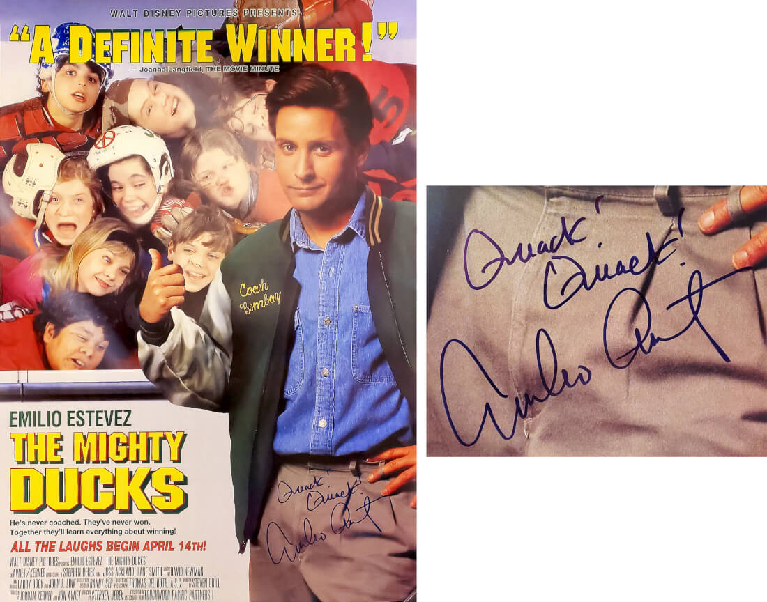 Emilio Estevez Autographed The Mighty Ducks 27x40 Full Size Movie Poster with Quack, Quack-Powers Sports Memorabilia