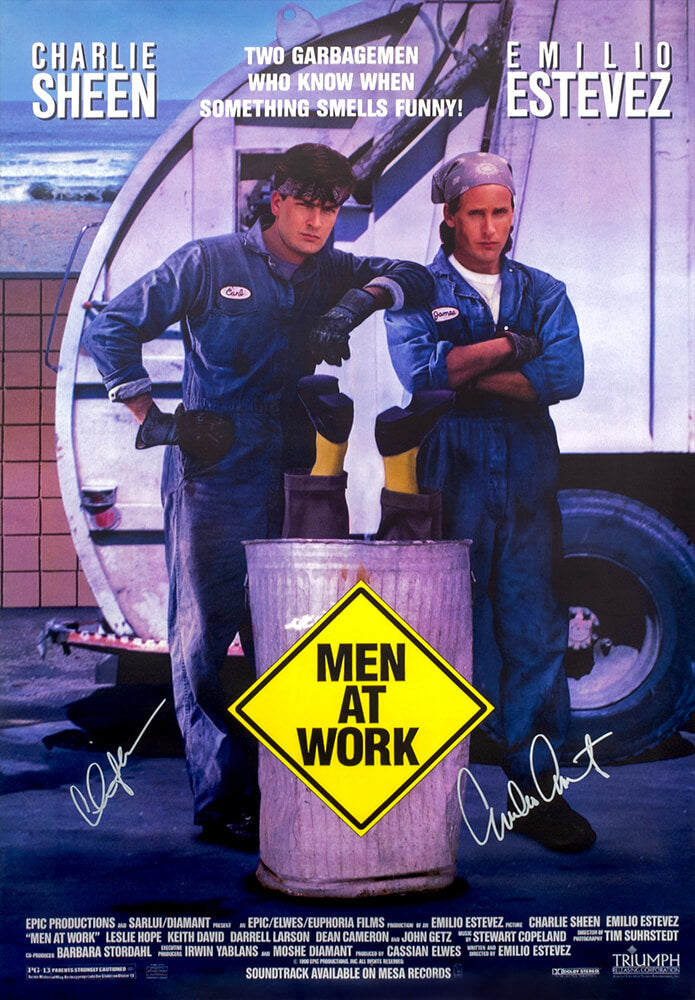 Charlie Sheen & Emilio Estevez Dual Autographed Men At Work 27x40 Full Size Movie Poster-Powers Sports Memorabilia
