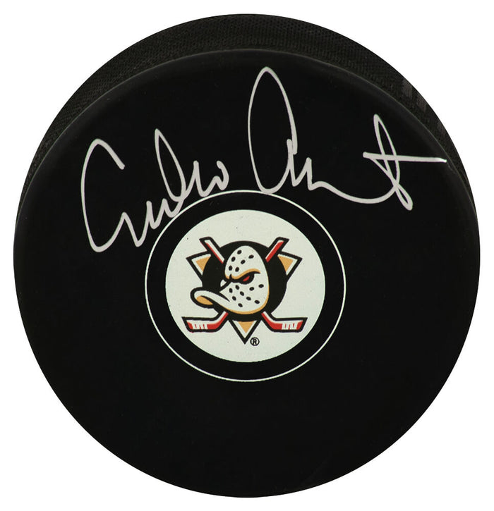 Emilio Estevez Autographed Anaheim Mighty Ducks Team Logo Hockey Puck-Powers Sports Memorabilia