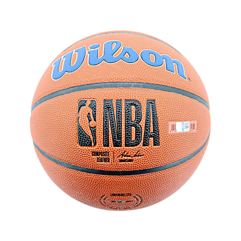 Patrick Ewing New York Knicks Signed in Blue Knicks Logo Wilson Composite Basketball-Powers Sports Memorabilia